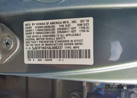 2010 Honda Accord Crosstour Ex from USA, damaged, VIN 5J6TF1H31AL006237